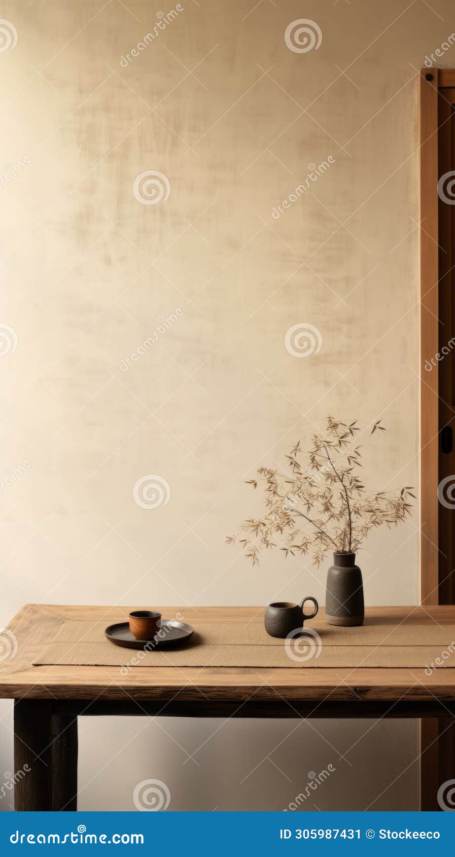 japanese minimalism: wooden table with empty cups and flowers