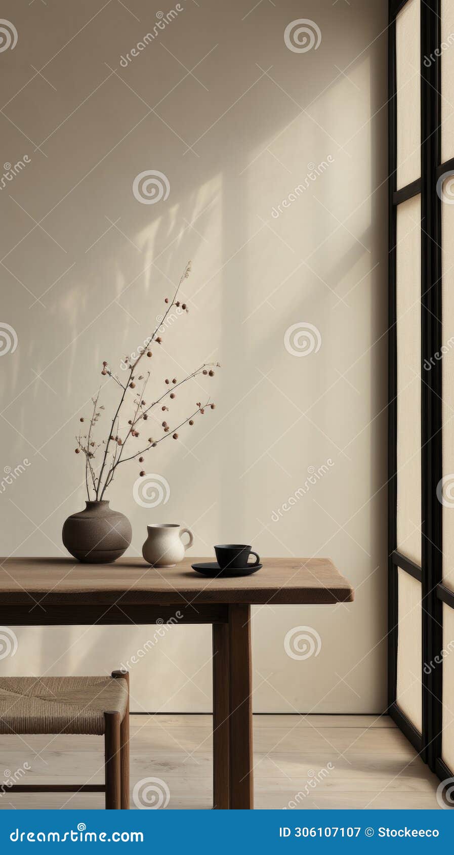 japanese minimalism: brown wooden table with dried flower vase