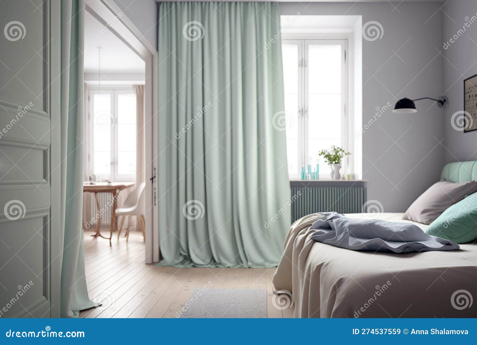 Minimalistic Modern Bedroom with Mint Green Curtainson Windows. Stock