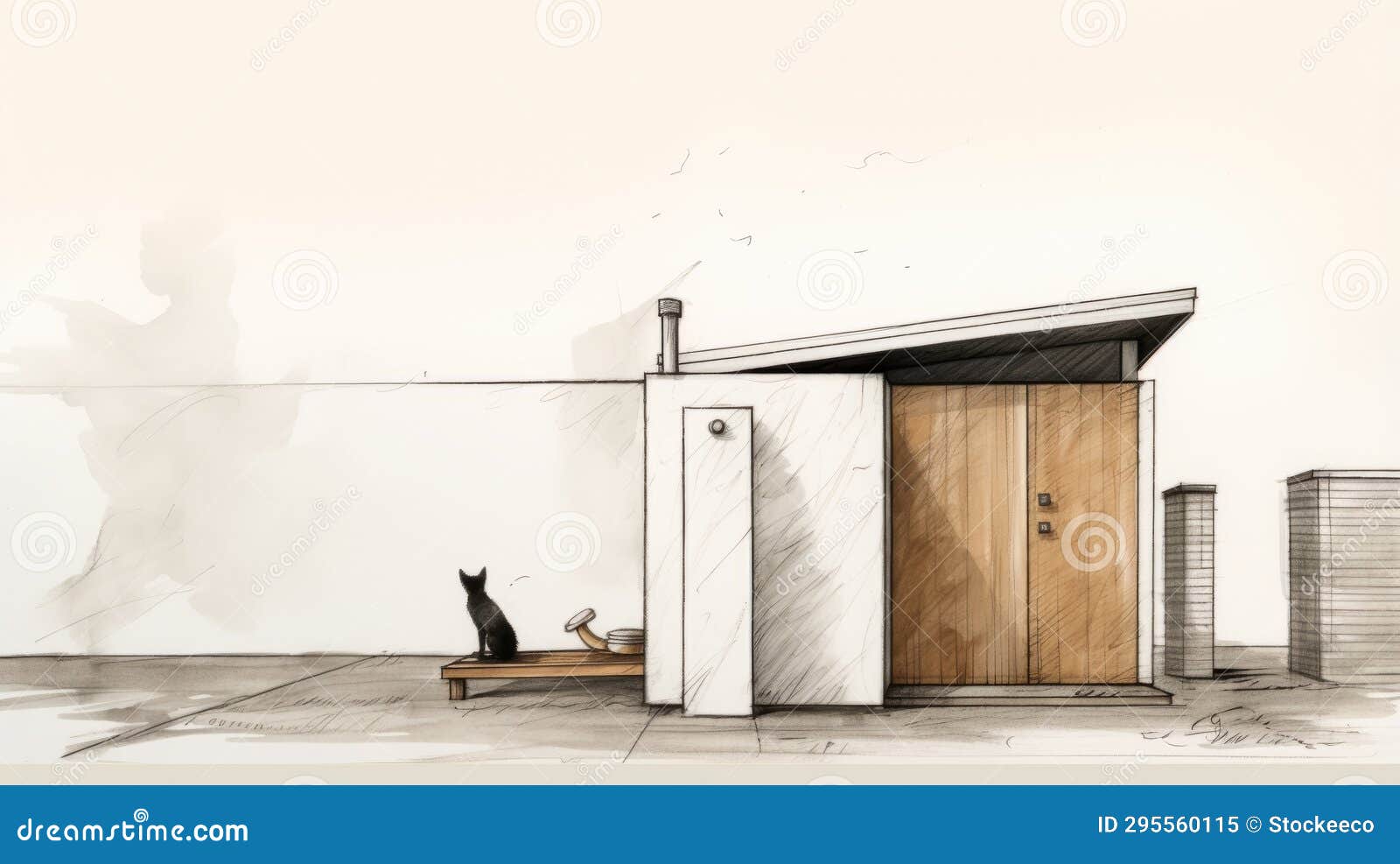 minimalistic modernism: sketch of wooden building with cat on chair