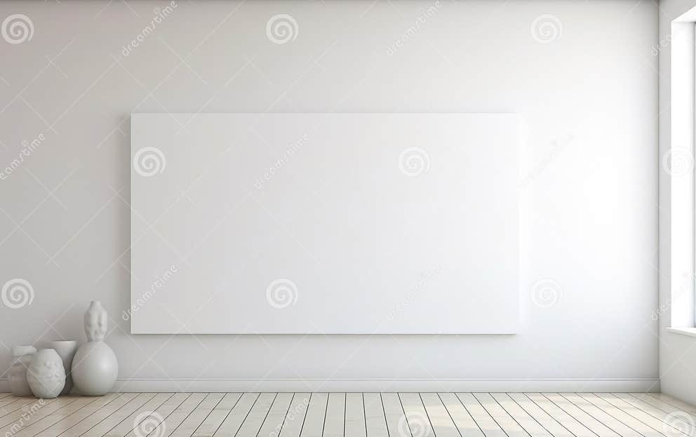 Minimalistic Style Art Studio Space Mockup. Huge White Framed Blank Art Canvas on Large Wall in