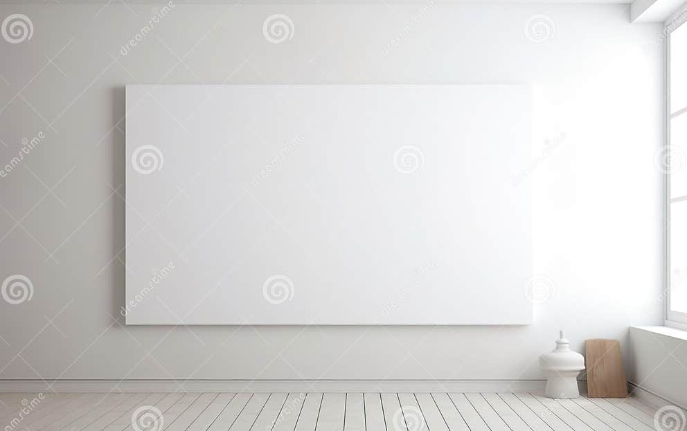 Minimalistic Style Art Studio Space Mockup. Huge White Framed Blank Art Canvas on Large Wall in