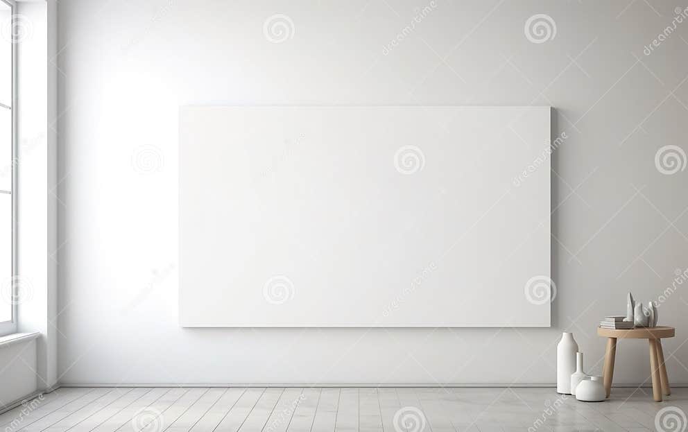 Minimalistic Style Art Studio Space Mockup. Huge White Framed Blank Art Canvas on Large Wall in