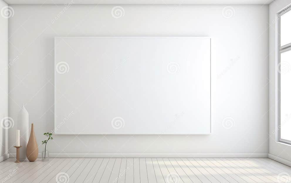 Minimalistic Style Art Studio Space Mockup. Huge White Framed Blank Art Canvas on Large Wall in