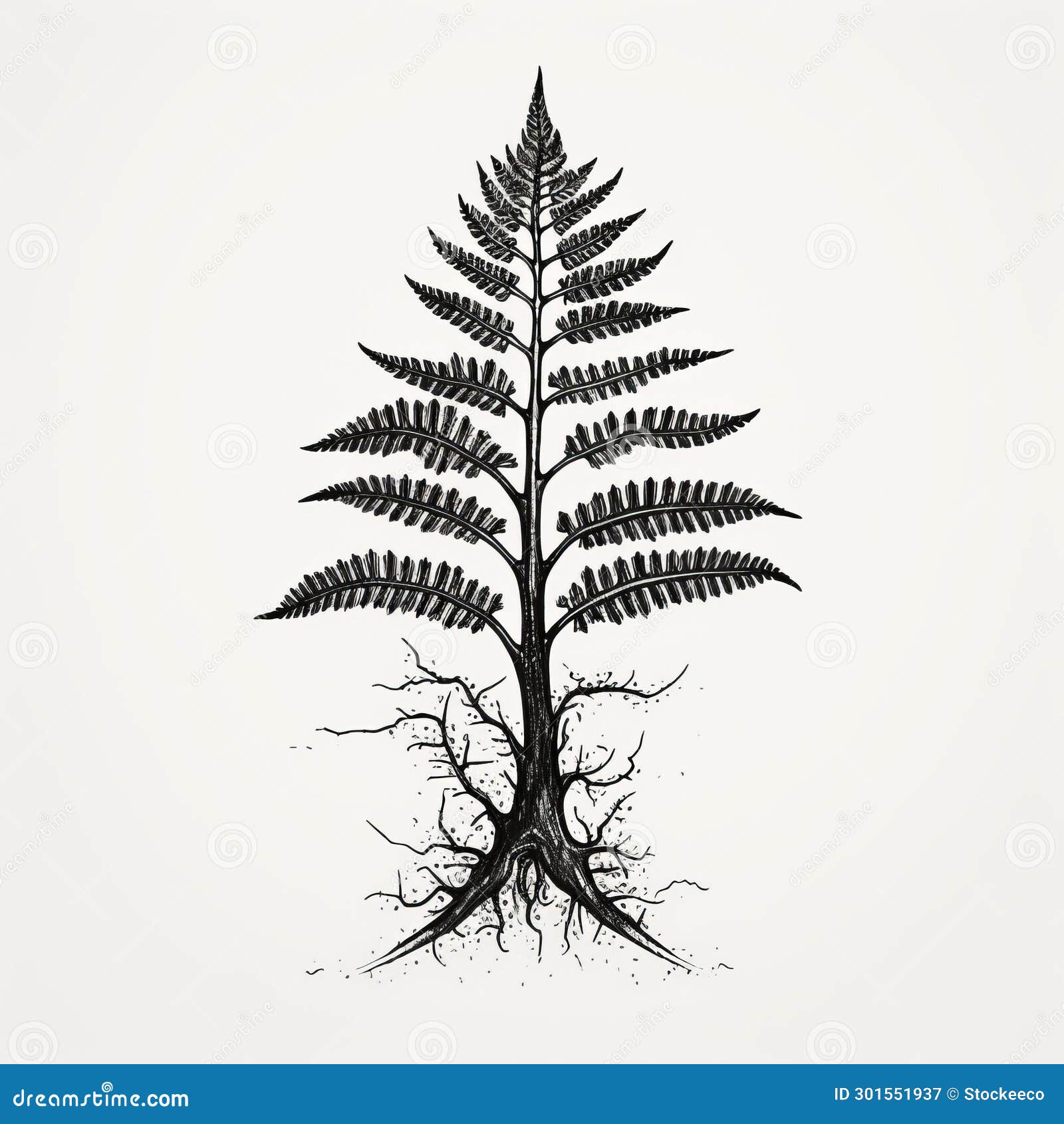 detailed black and white fern leaf  with roots