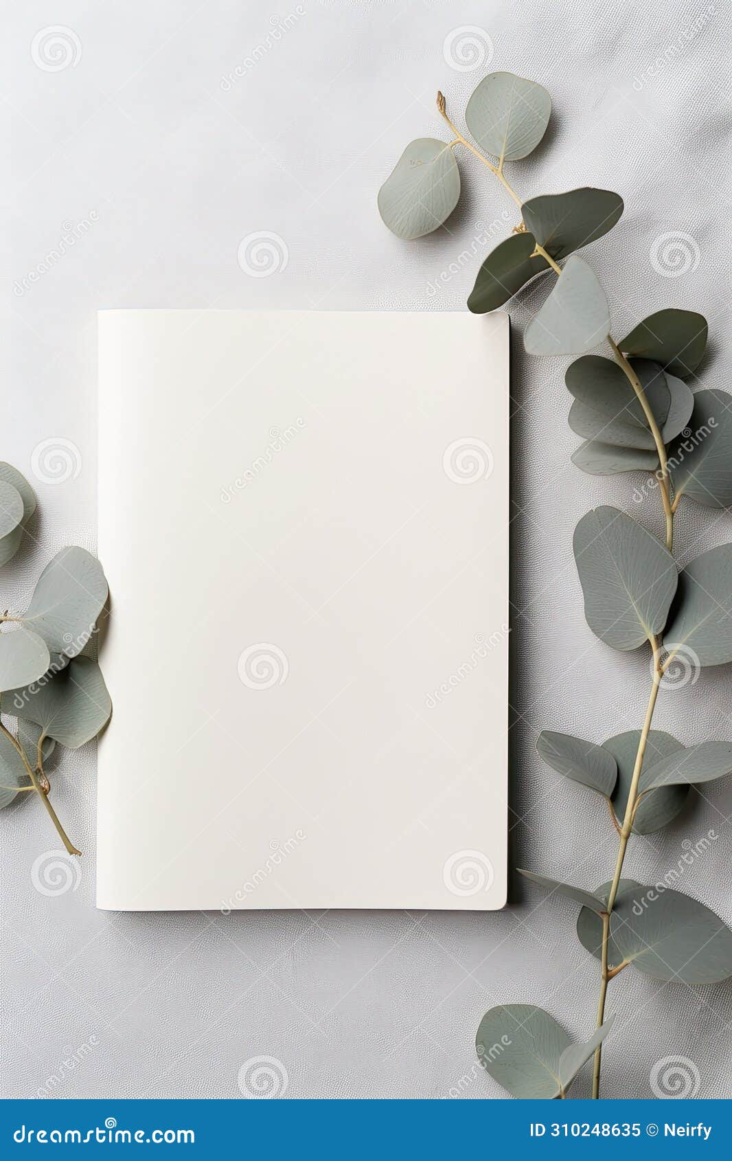 minimalistic, top view mockup with ink and paper on a beige couch with eucalyptus leaves, simple rural life.