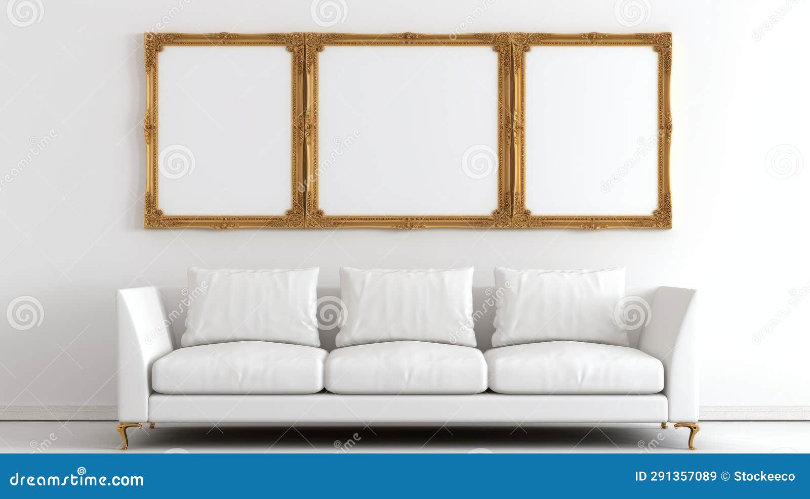 minimalistic white couch with golden frame on 3d wall