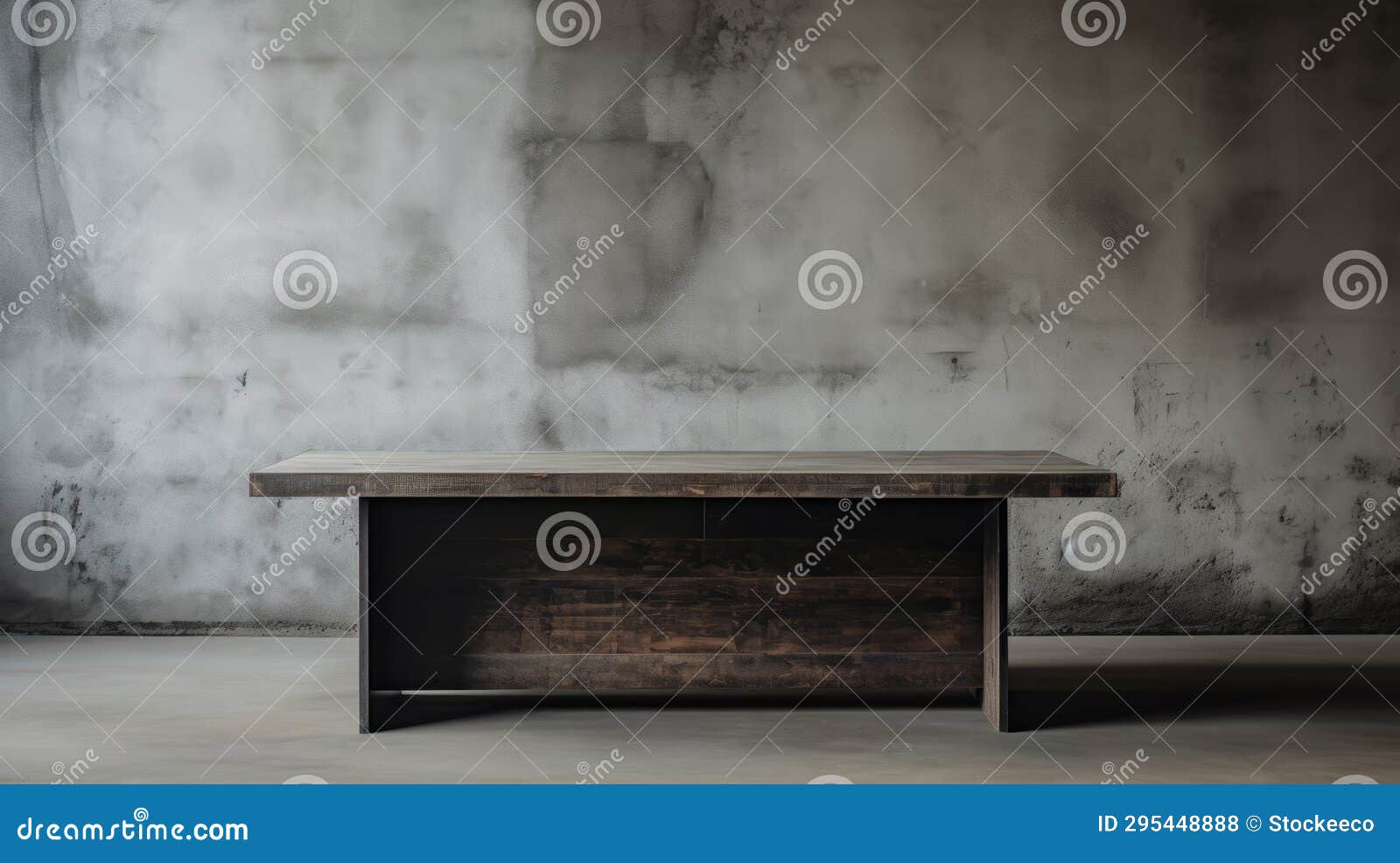minimalistic wooden table in concrete wall: editorial style photo
