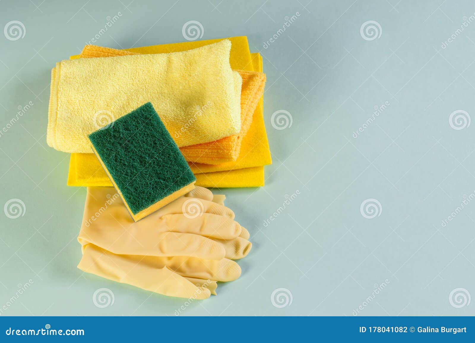 minimum cleaning set for housekeeping. top view, closeup. higiene, house cleaning products