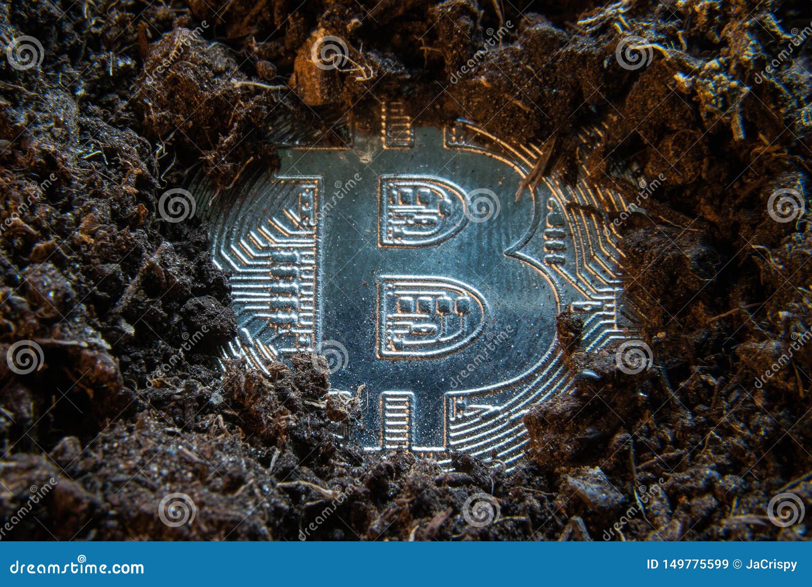 Mining Crypto Currency - Bitcoin. Online Money Coin In The Dirt Ground. Digital Currency, Block ...