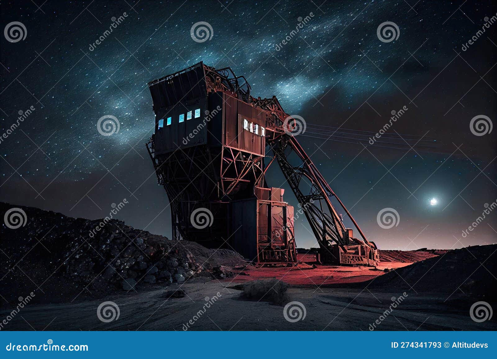 Mining Equipment and Coal Mine Shafts Against Night Sky Stock Image