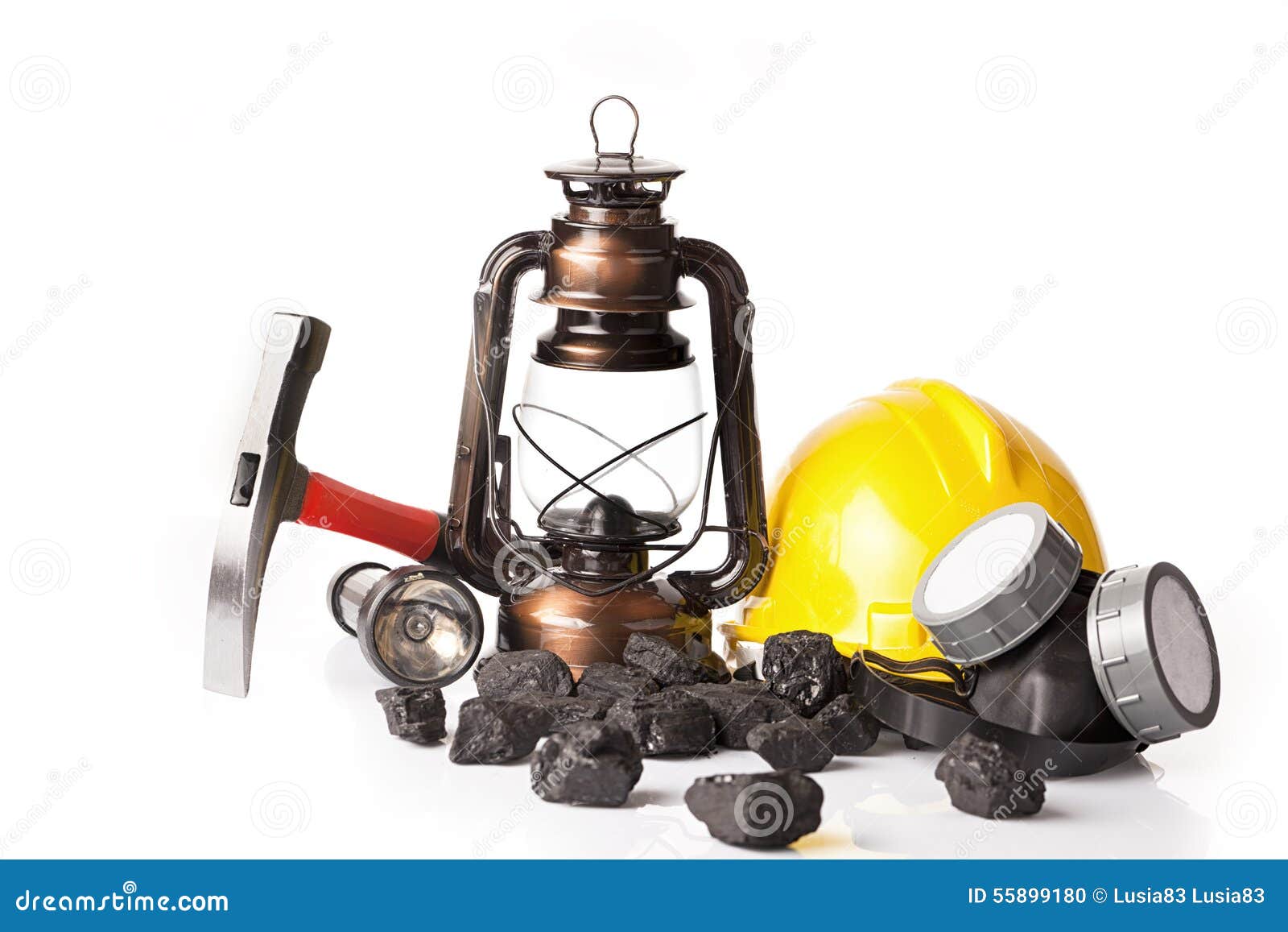 mining tools with protective helmet, ear muffs and oil lantern