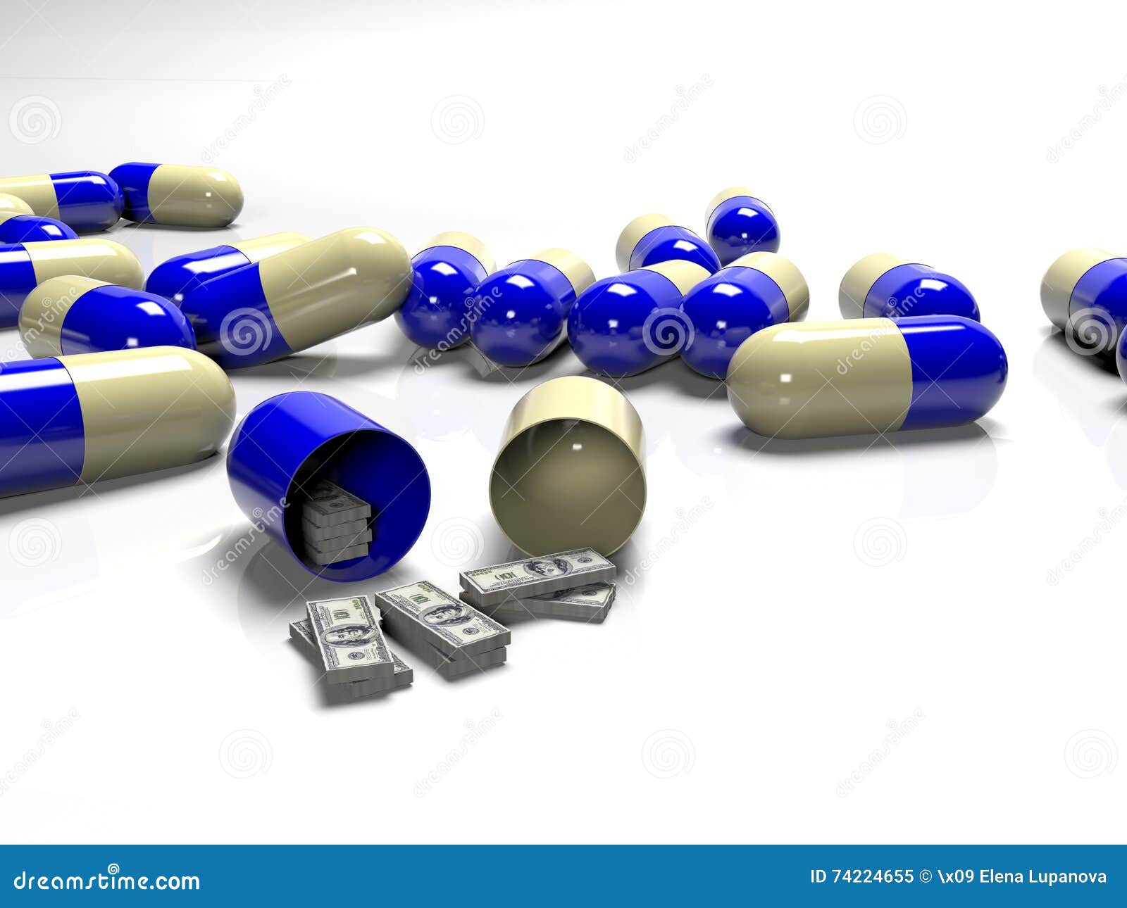 Minnestavlor av sedlar, som den betalade och dyra medicinen för begrepp, tolkning 3D. Begreppet av betald och dyr medicin