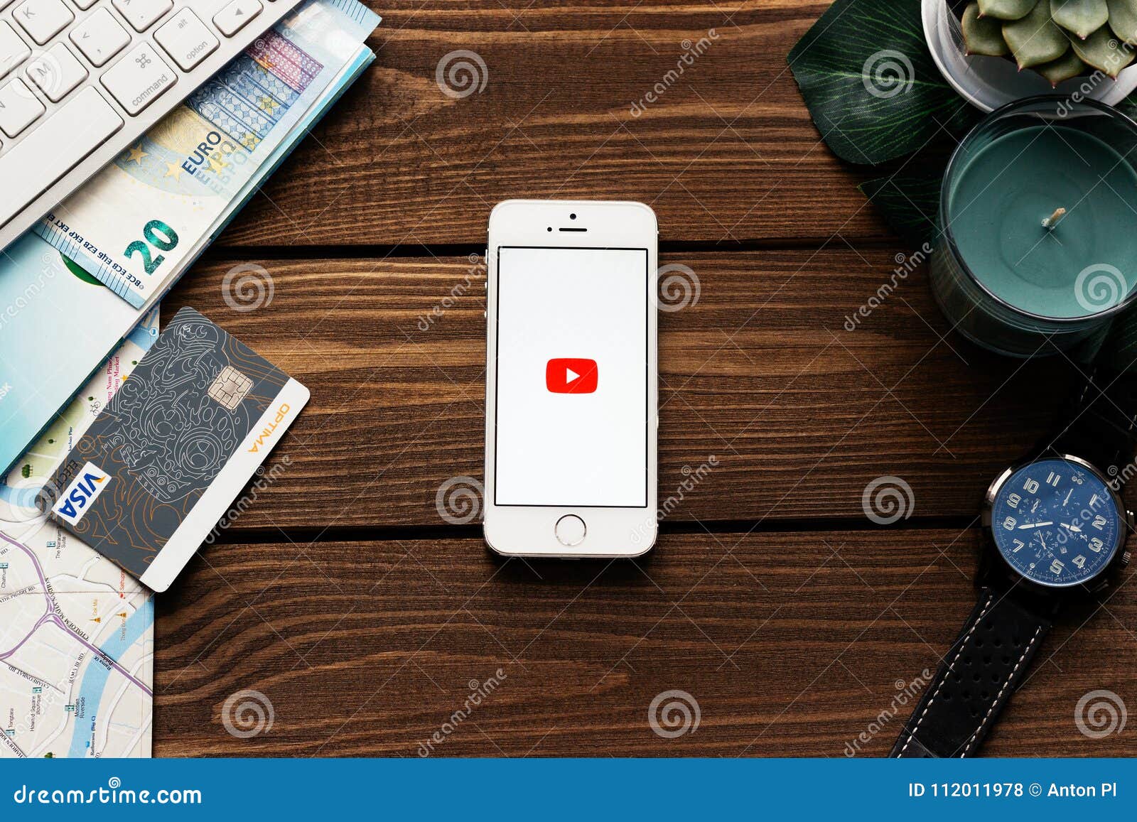 Apple Smartphone with Youtube Logo App. Flat Lay with Wooden Table  Background. Succulent Plant, Watch, Leaf of Monstera Editorial Stock Photo  - Image of apple, leaf: 112011978