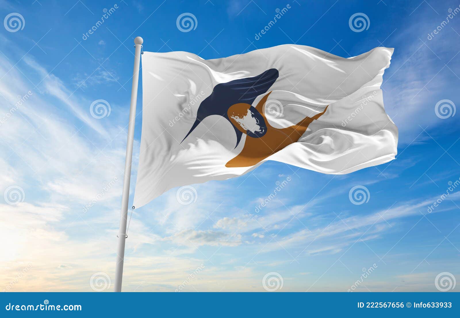 minsk, belarus - may, 2021: flag of eurasian economic union waving in the wind at flagpole on background of blue sky. 3d