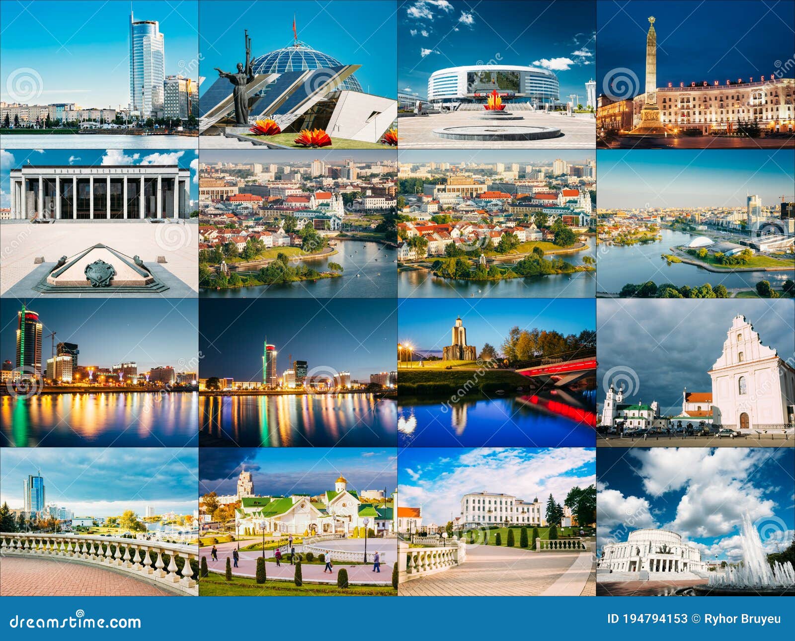 Minsk Belarus Set Collage With Many Local Famous Landmarks In