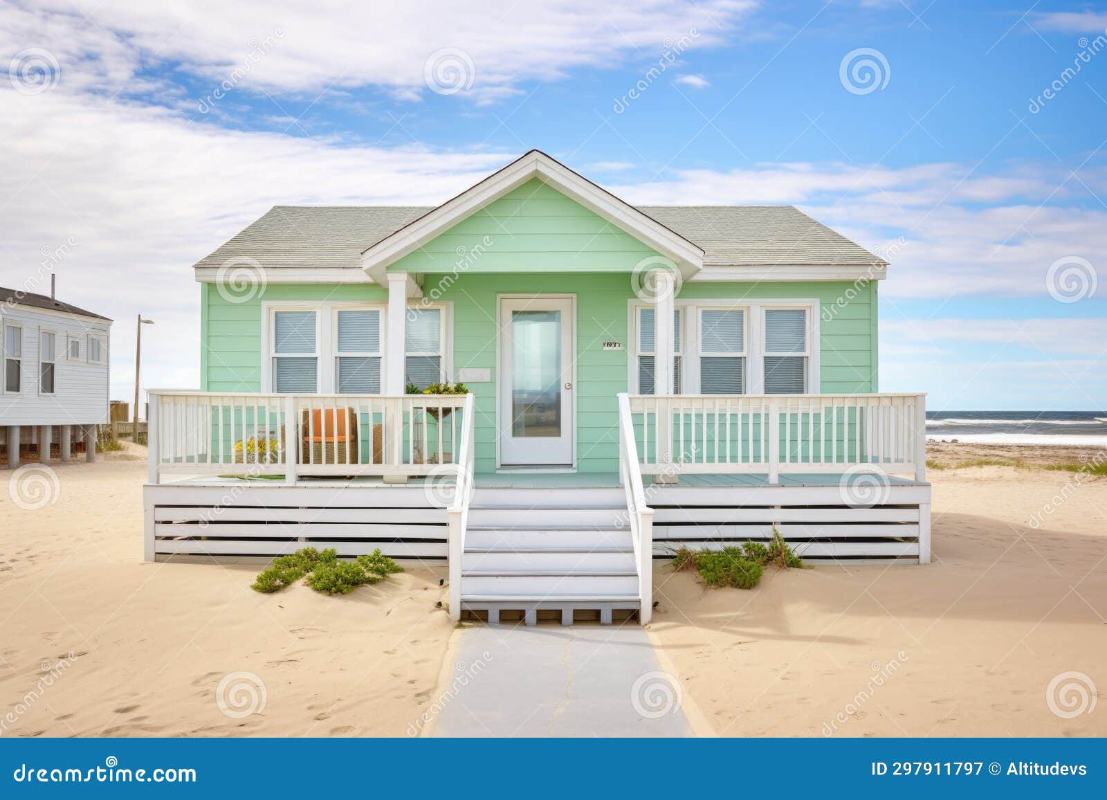 A Mintgreen Beach Cottage with Vibrant White Trim Stock Image Image