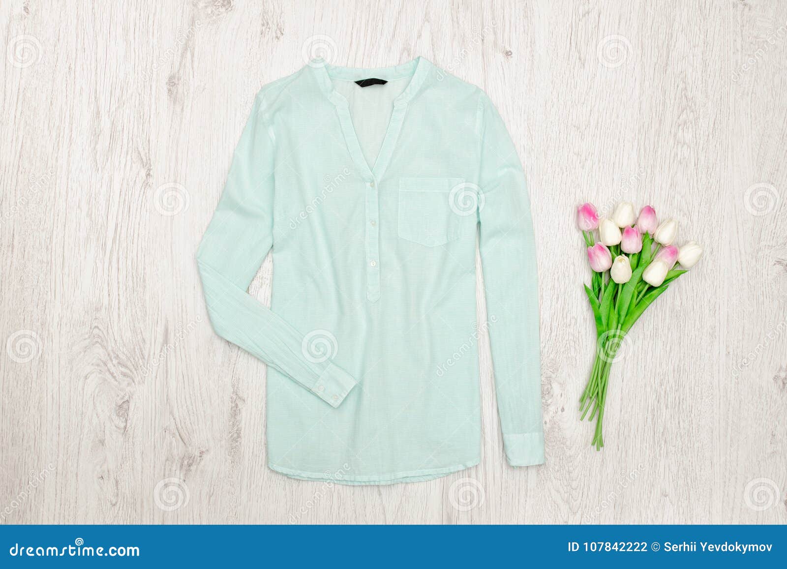Mint Green Blouse and Bouqet of Tulips. Fashionable Concept Stock Photo ...
