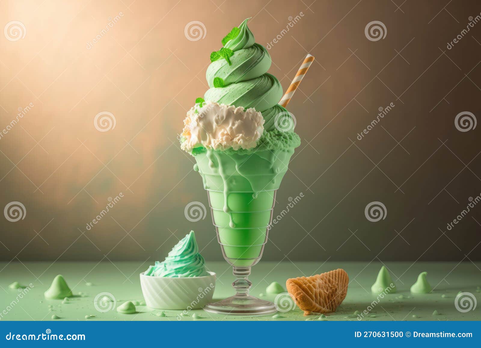 Mint Ice Cream Sundae Over Brown Background Made with Generative AI