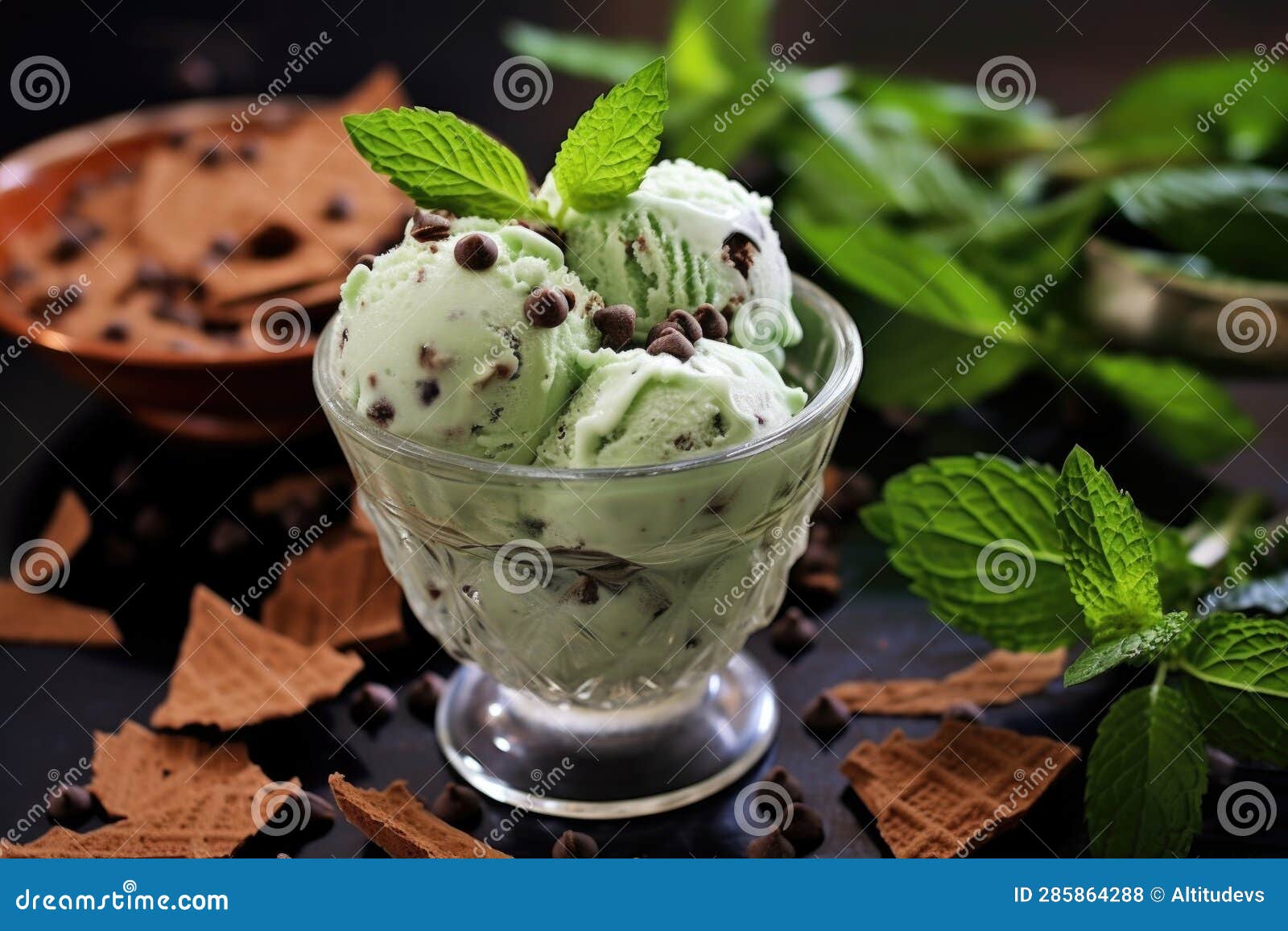 Mint Leaves and Chocolate Chips on Mint Ice Cream Stock Photo Image of leaves, delicious