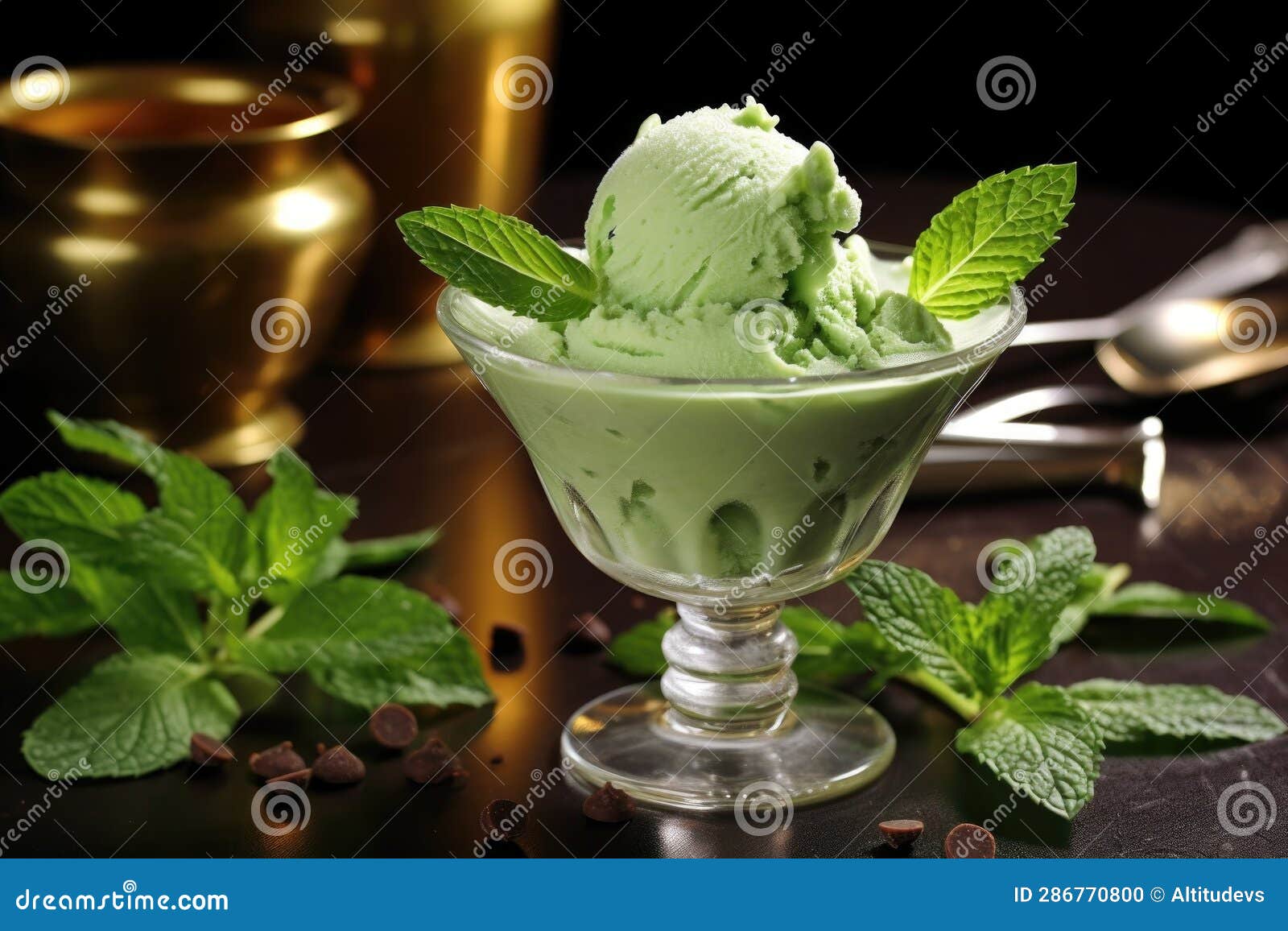 Mint Leaves and Chocolate Chips on Mint Ice Cream Stock Photo Image of confectionery
