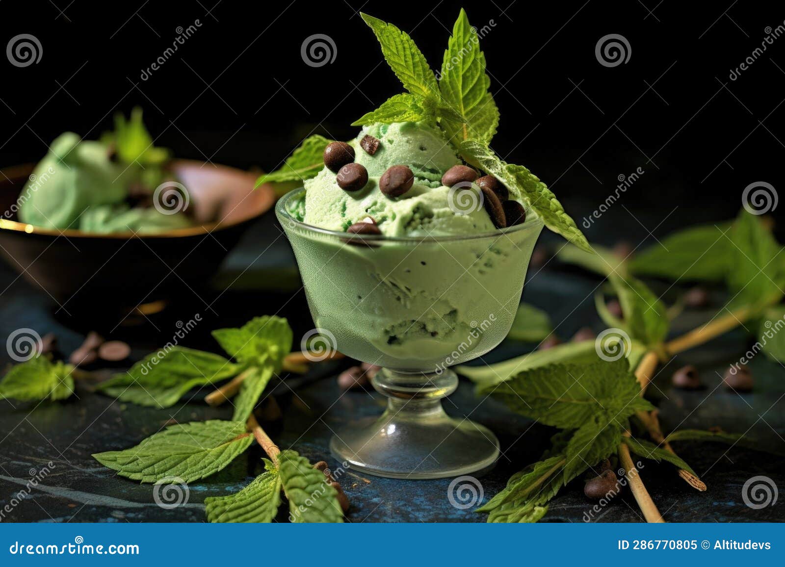 Mint Leaves and Chocolate Chips on Mint Ice Cream Stock Image Image of chips, cream 286770805