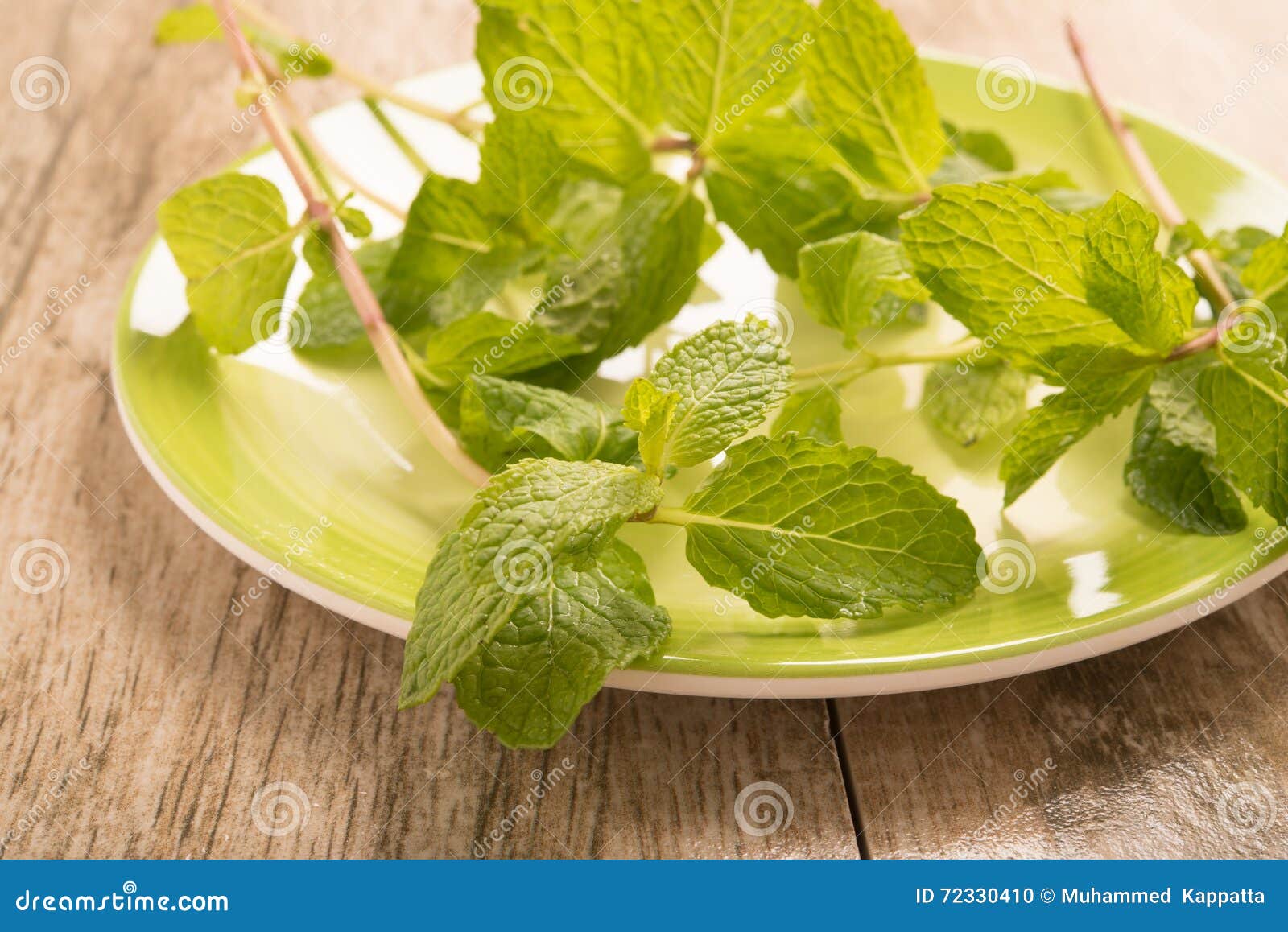 Mint Leaves in a Green Plate on Wood Background. Stock Photo Image of