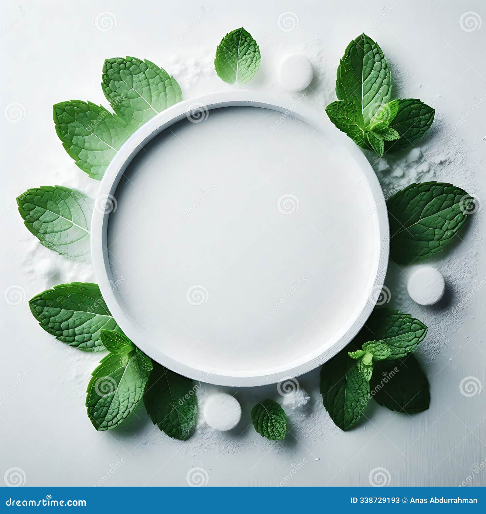mint leaves with white round object surrounded by powder