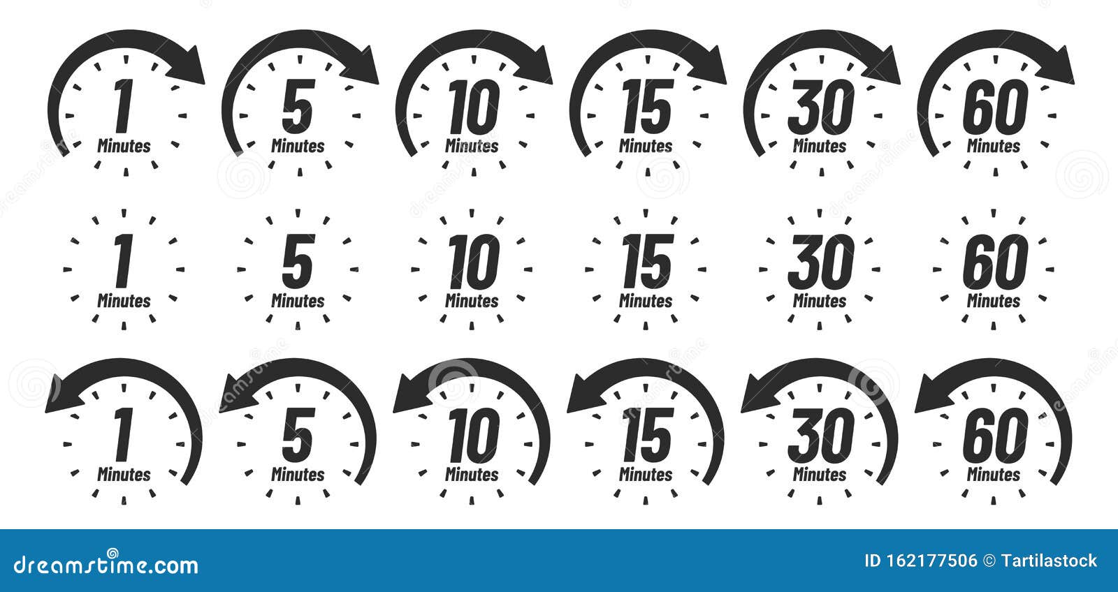 minutes time icon. analog clock icons, 1 5 10 15 30 60 minute clocks and minutes ago sign  set