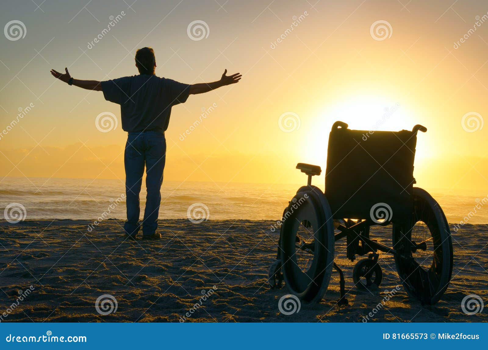 miracle spiritual healing crippled man walking at beach at sunrise