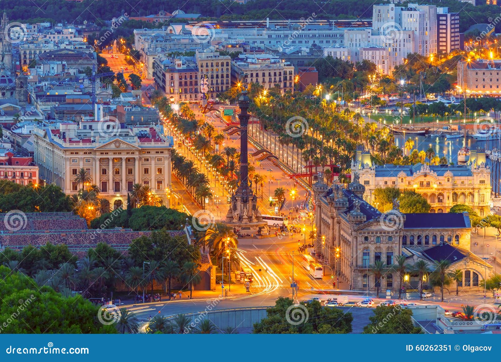 mirador de colom at night, barcelona, spain