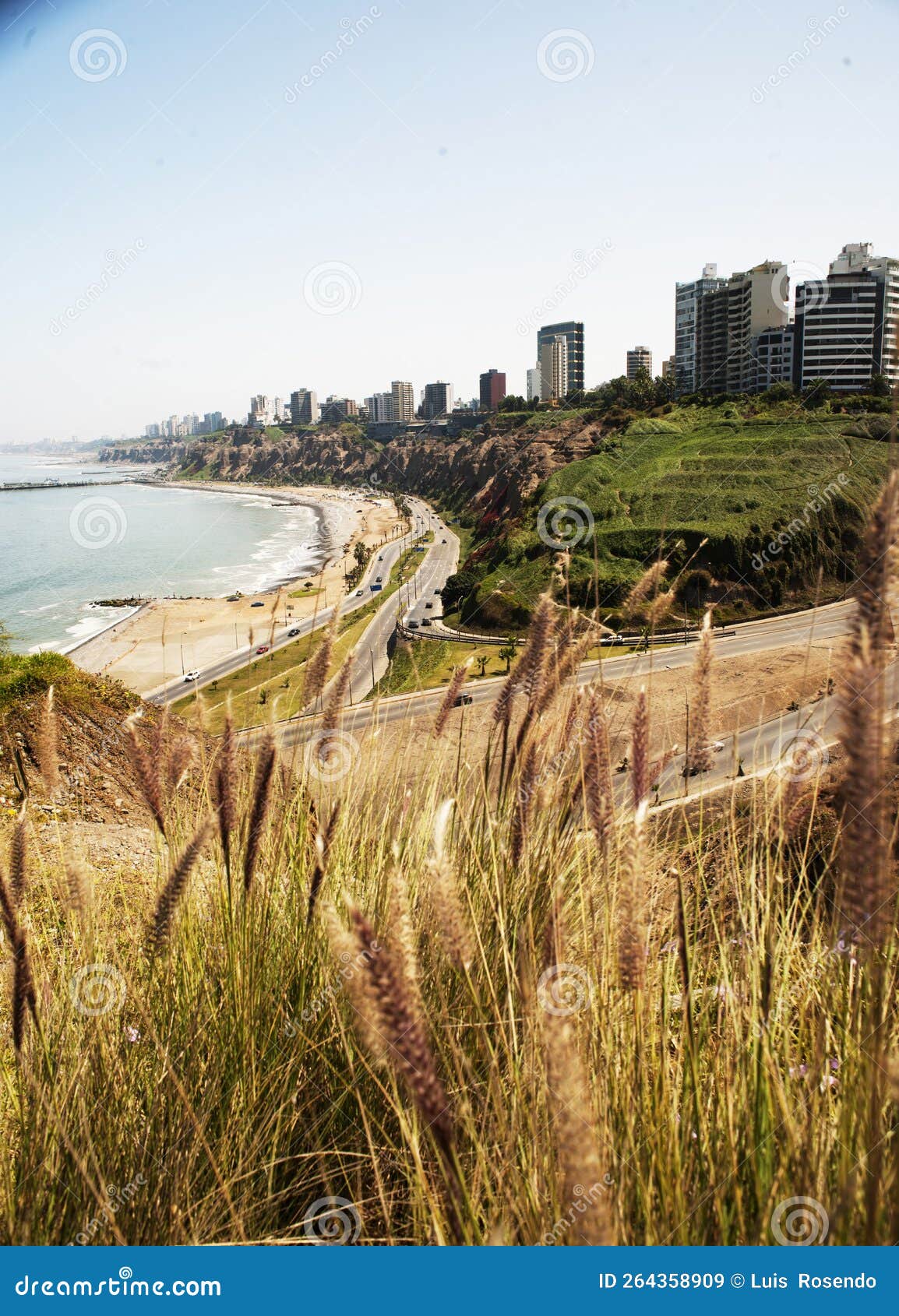 miraflores peru-bajada armendaris- with luxurious buildings and highway on the green coast june 2018-pacific ocean and splendid