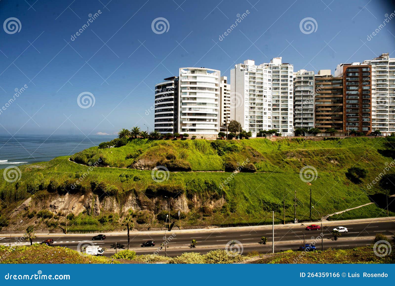 miraflores peru-bajada armendaris- with luxurious buildings and highway on the green coast june 2018-pacific ocean and splendid