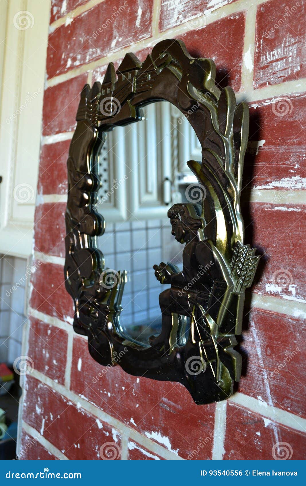 Mirror on the wall stock photo. Image of brick, mounted 93540556
