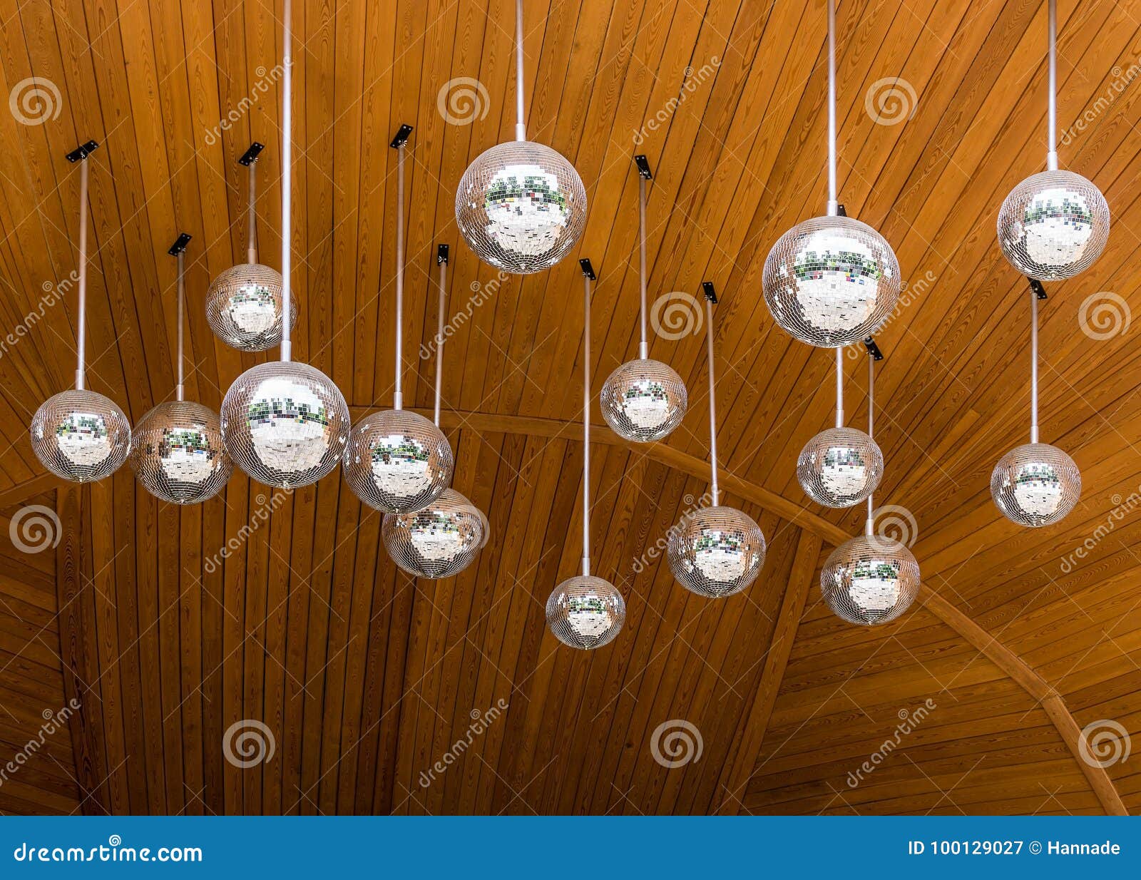 Mirrorballs On Wooden Ceiling Stock Image Image Of Silver