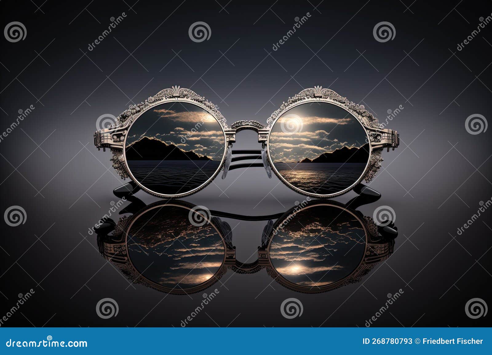 Mirror Sunglasses with Sky Sunset Reflection on Dark Mirror Background
