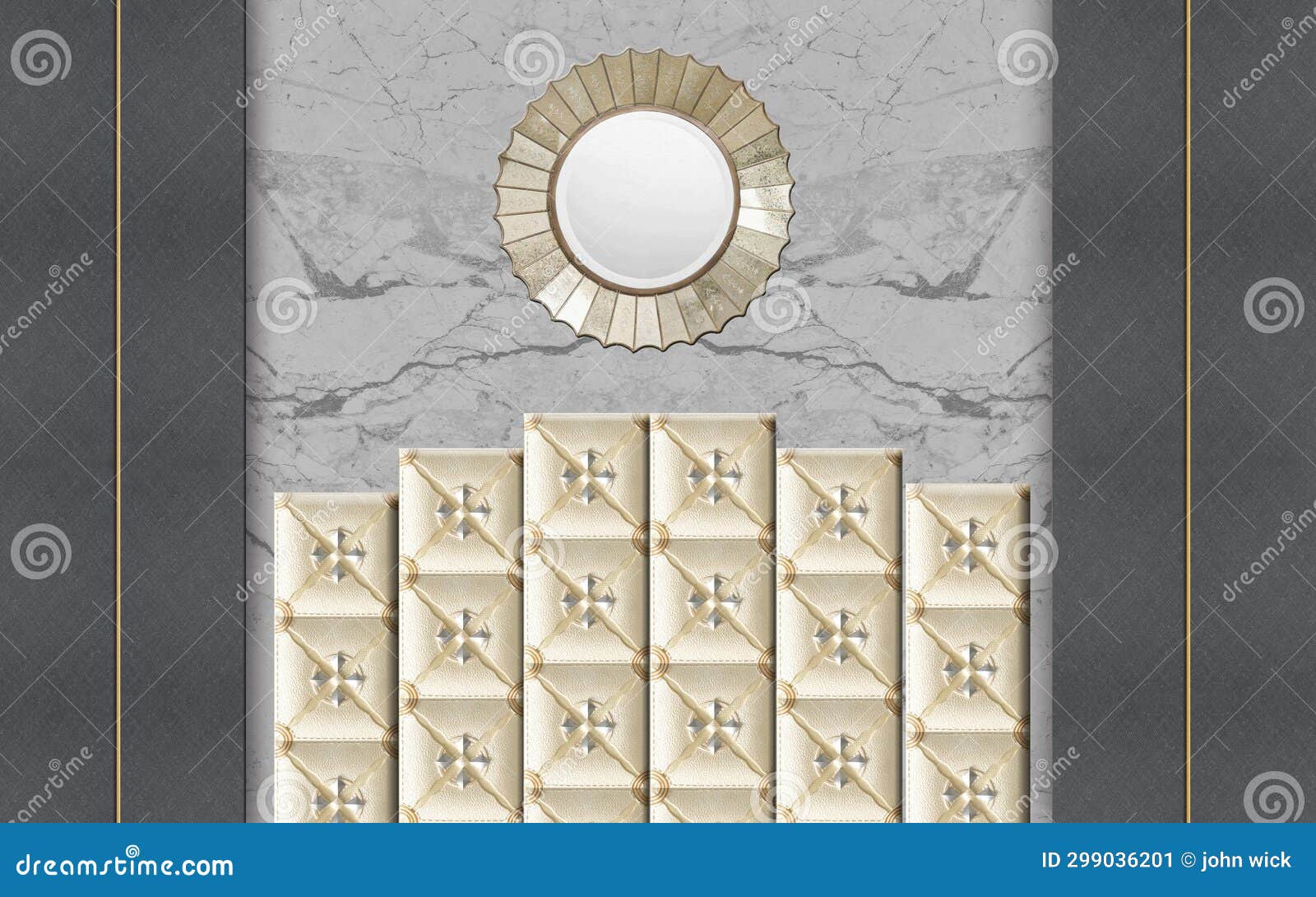 A Mirror and a Wall with a Pattern on it and a Gold Frame Around it