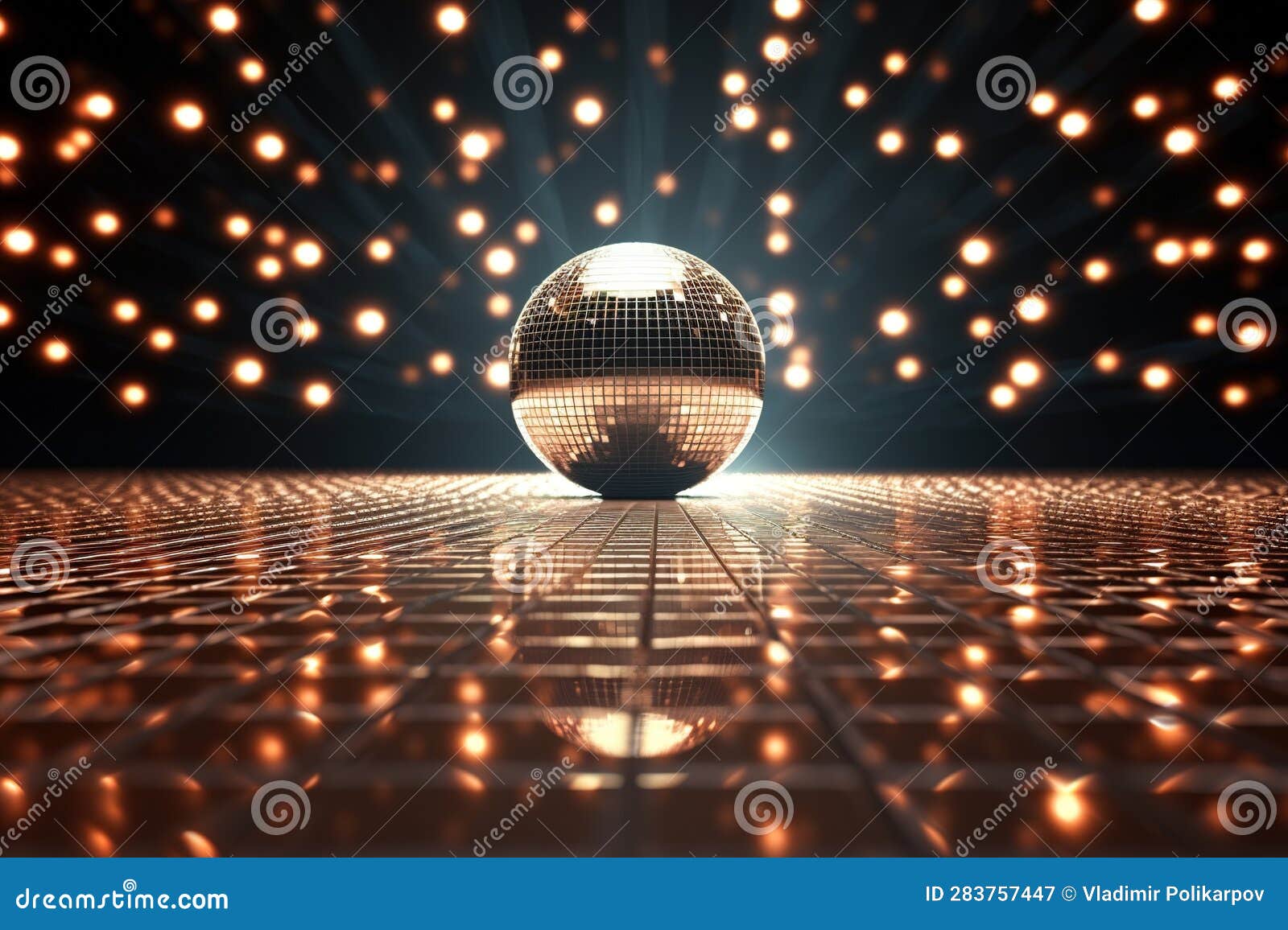 Mirrored Disco Ball on Dance Floor with Colored Lights Stock