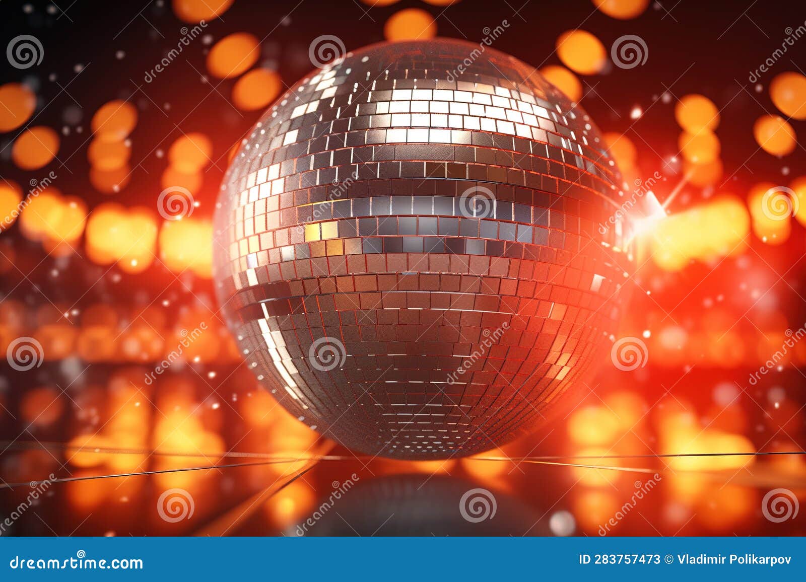 Mirrored Disco Ball on Dance Floor with Colored Lights Stock