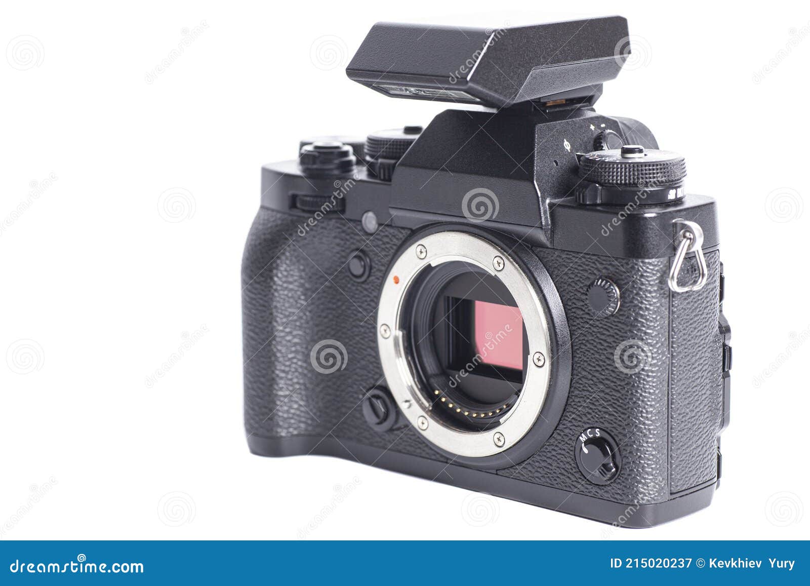 Mirrorless Digital Camera with Flash Isolated on White Background Stock
