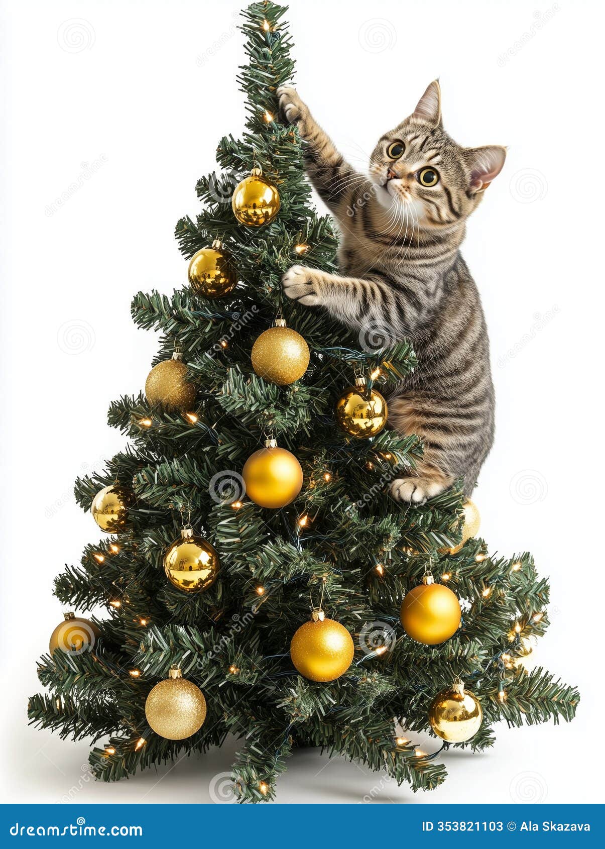 mischievous cat climbs a festive tree full of golden ornaments