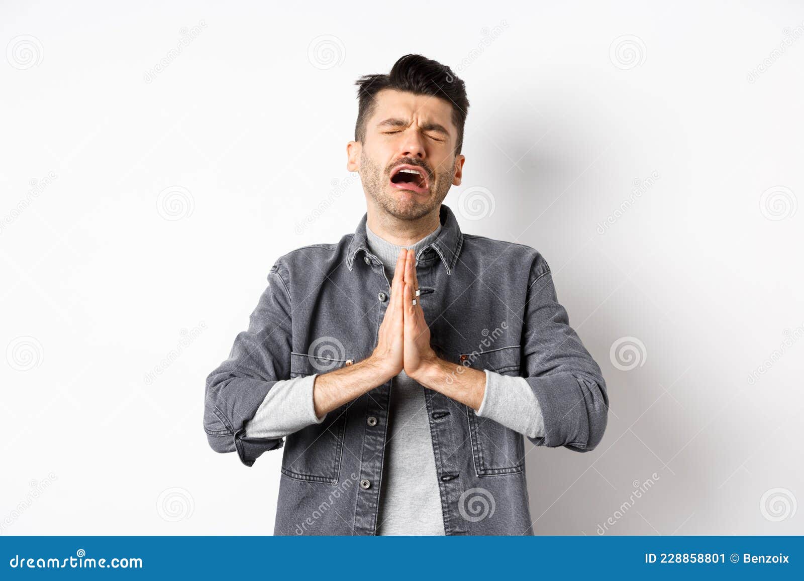 Miserable Man Begging for Help, Need Something and Crying, Pleading