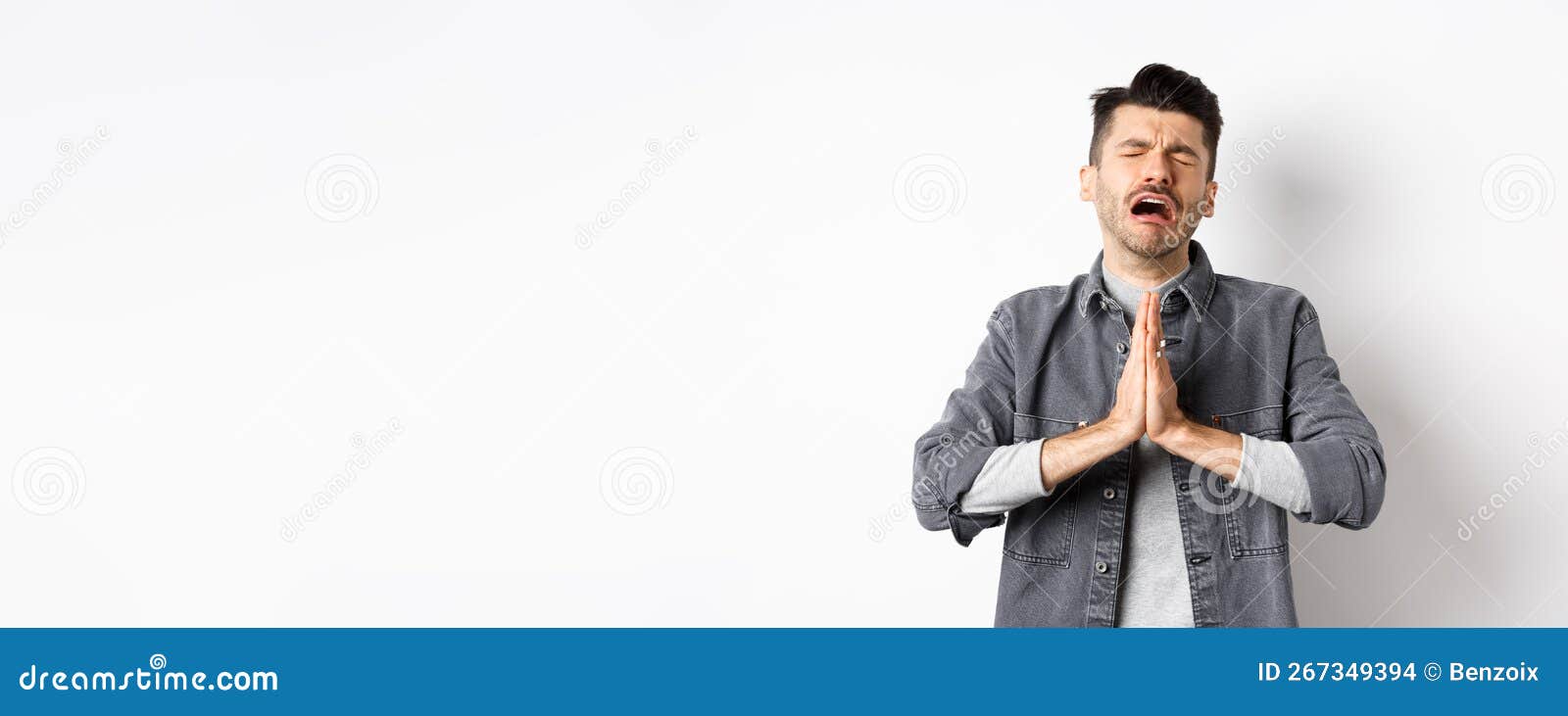 Miserable Man Begging for Help, Need Something and Crying, Pleading