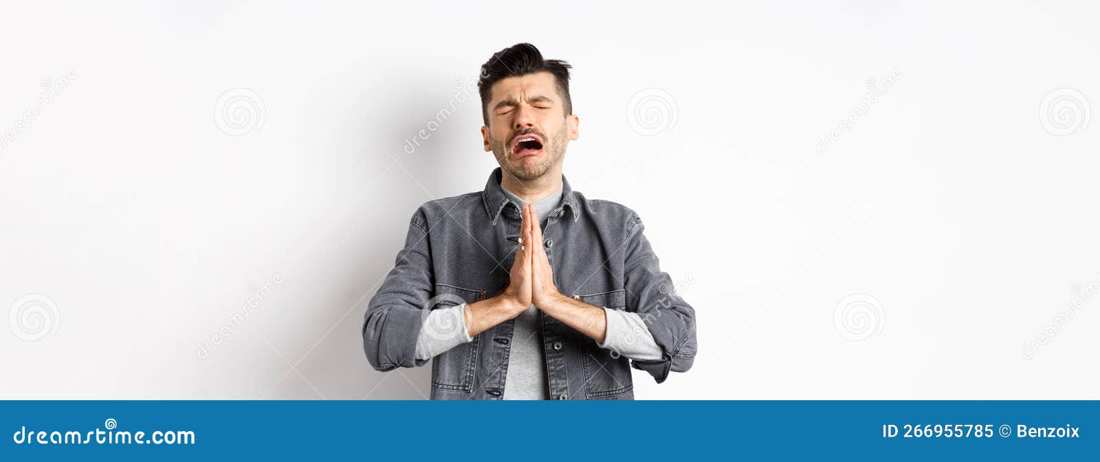 Miserable Man Begging for Help, Need Something and Crying, Pleading