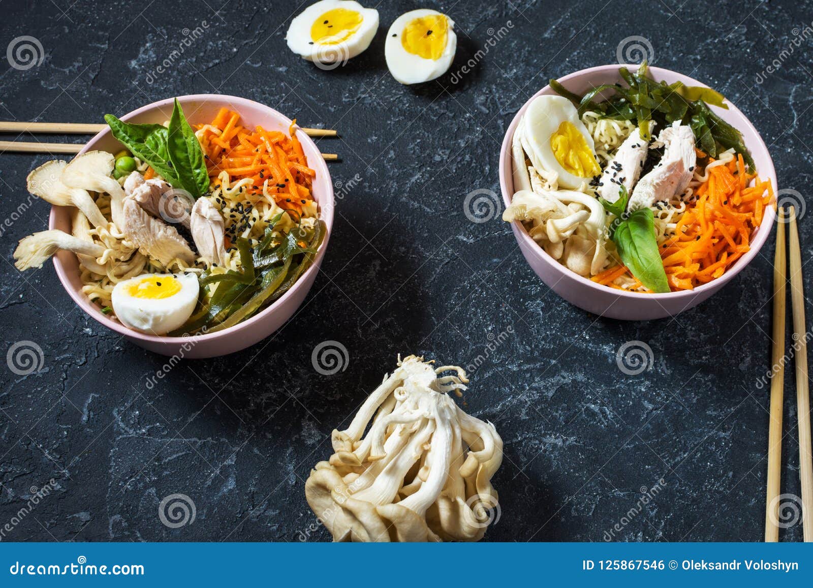 Miso Ramen Asian Noodles in Bowls on Dark Stone Background Stock Photo ...