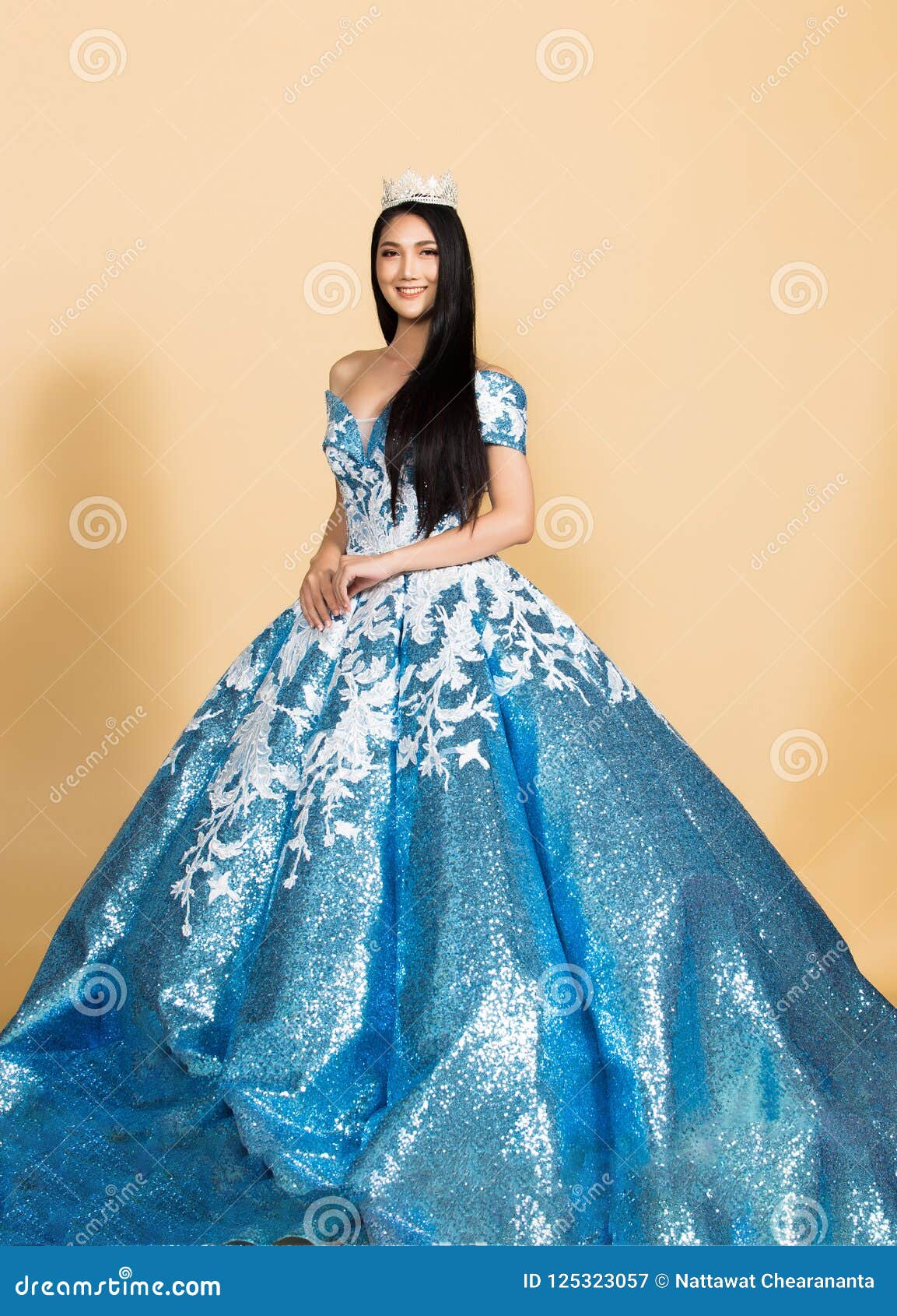 Evening Gown Ball Dress in Asian beautiful woman with fashion make up black  hair, High Heel shoes Stock Photo | Adobe Stock
