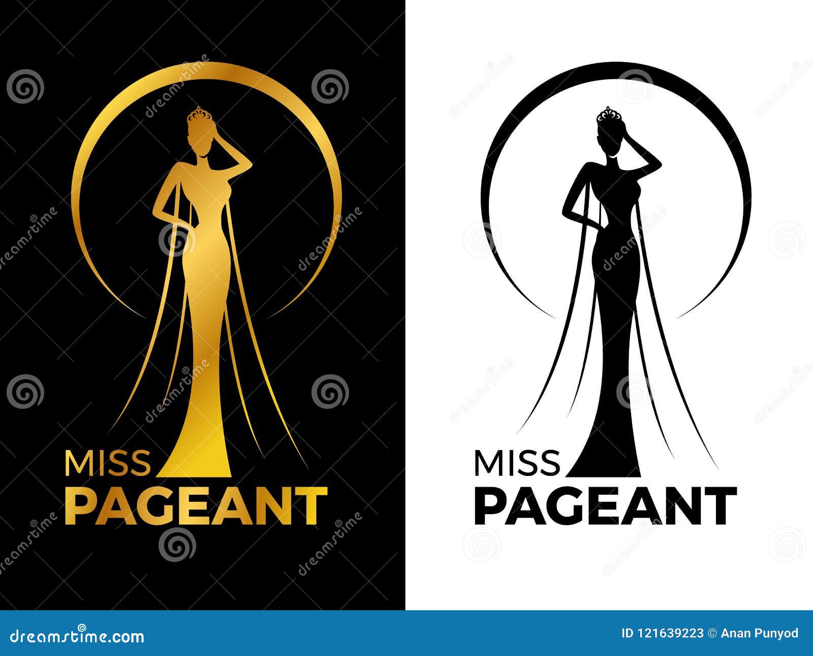 miss lady pageant logo sign with gold and black woman wear crown in circle ring  