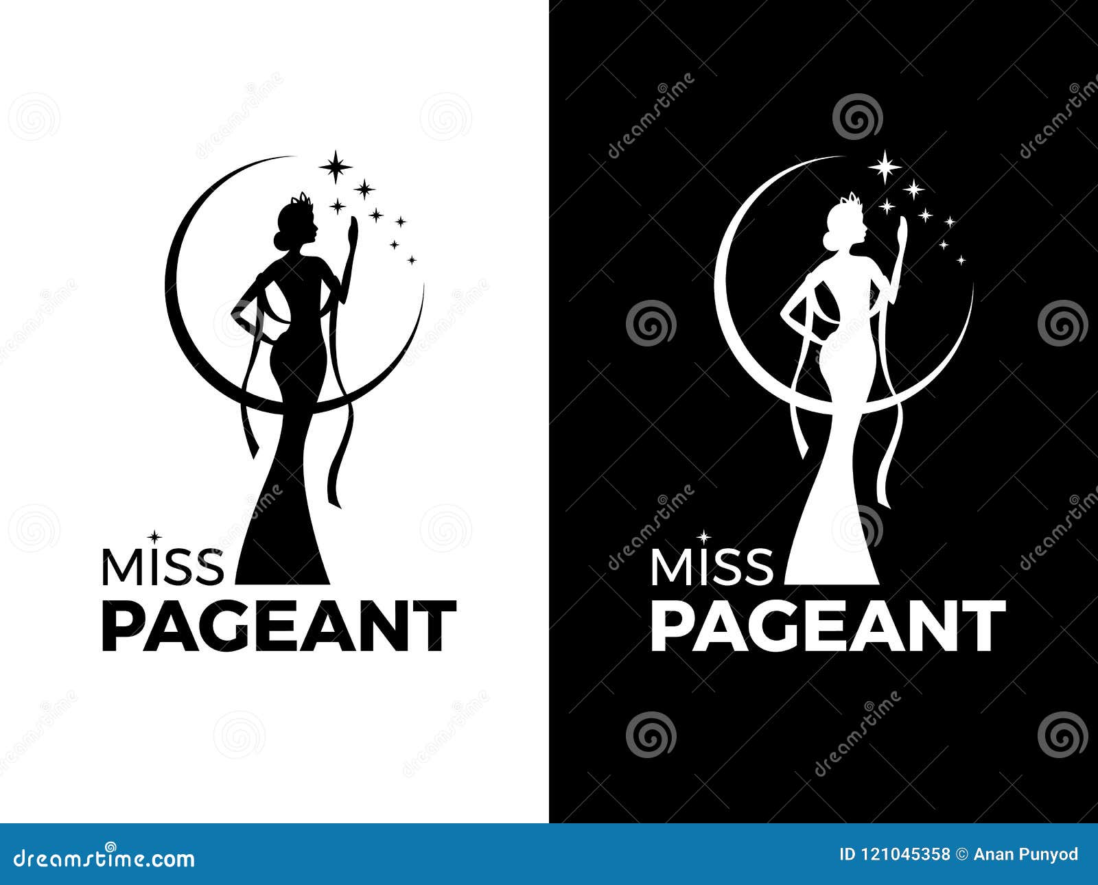 miss lady pageant logo sign with queen wears evening gown and crown and star  