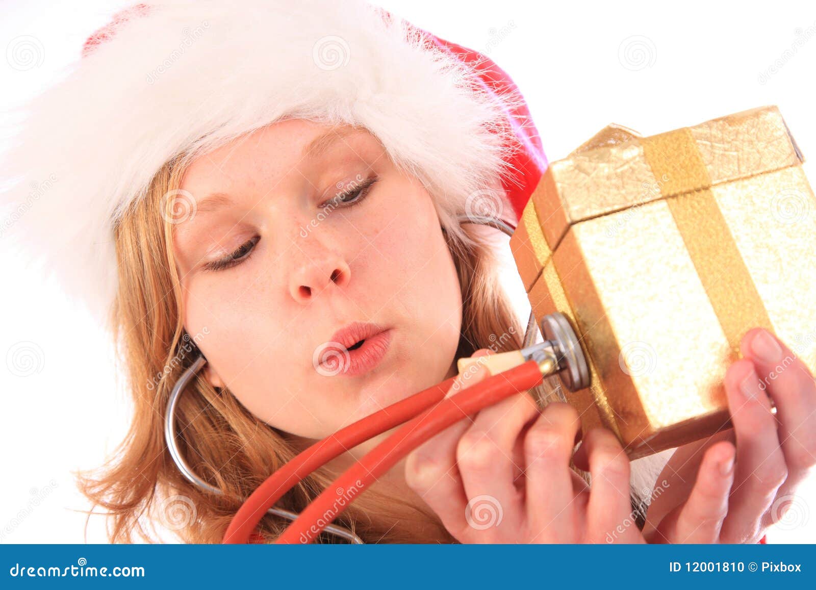 miss santa is sounding a golden gift box