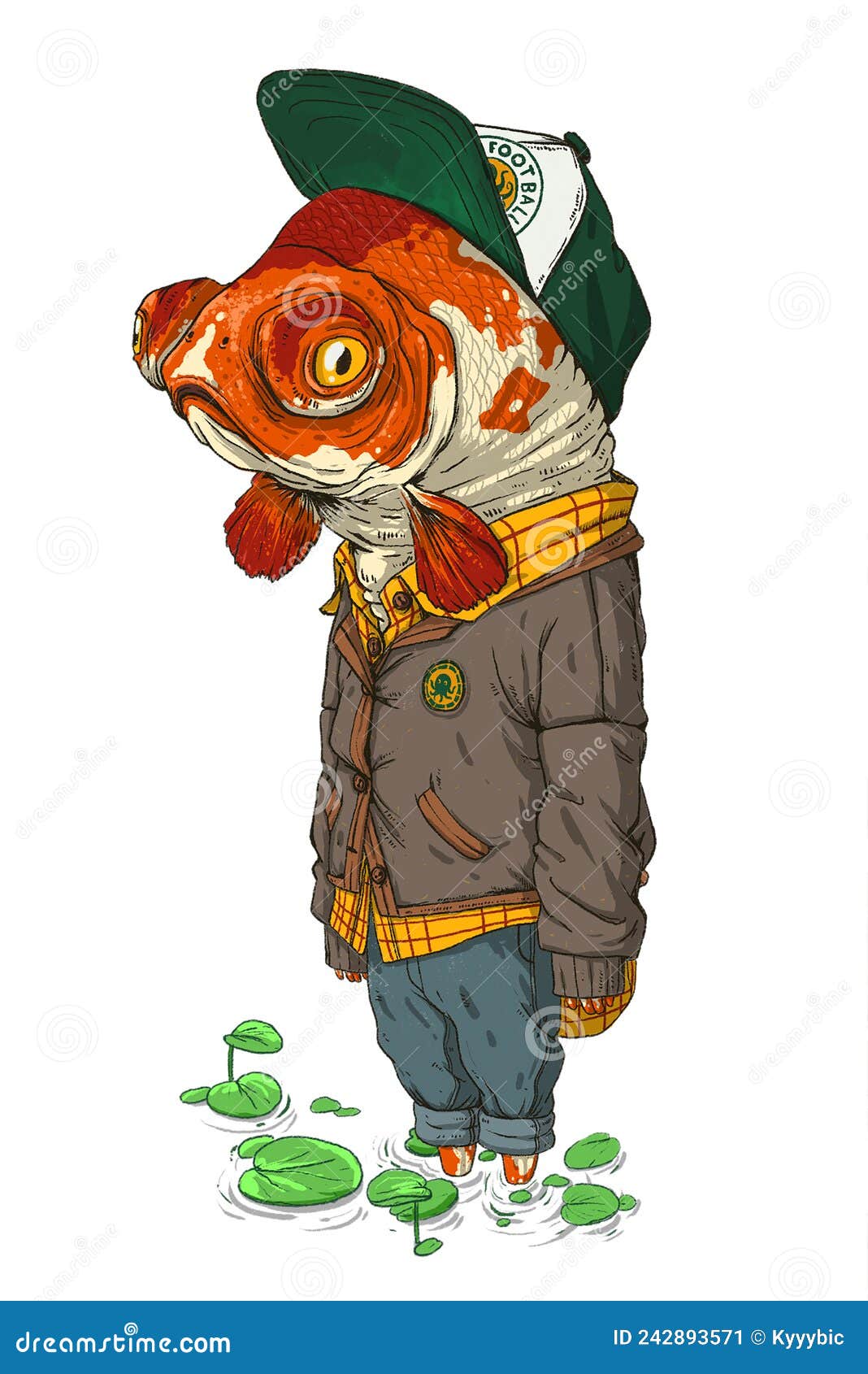 missing home illustration sketch drawn casually dressed anthropomorphic koi fish standing ankle deep water lilies 242893571
